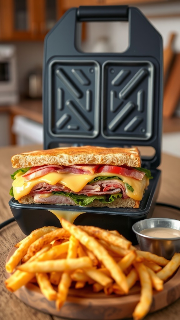 Golden sandwich with melted cheese, deli meats, and vegetables, served with fries and dipping sauce.